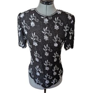 Vintage 80s Lawrence Kazar Art Deco Beaded Sequined 100% Silk Evening Top Sz. XS